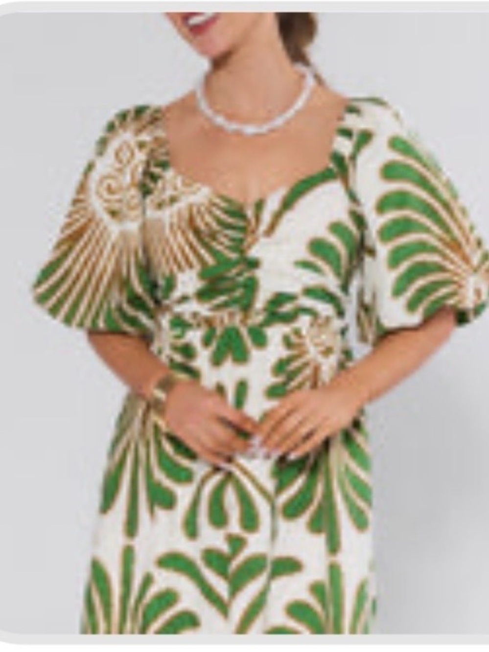 Green & Cream Floral Puff-Sleeve Mini Dress NWT